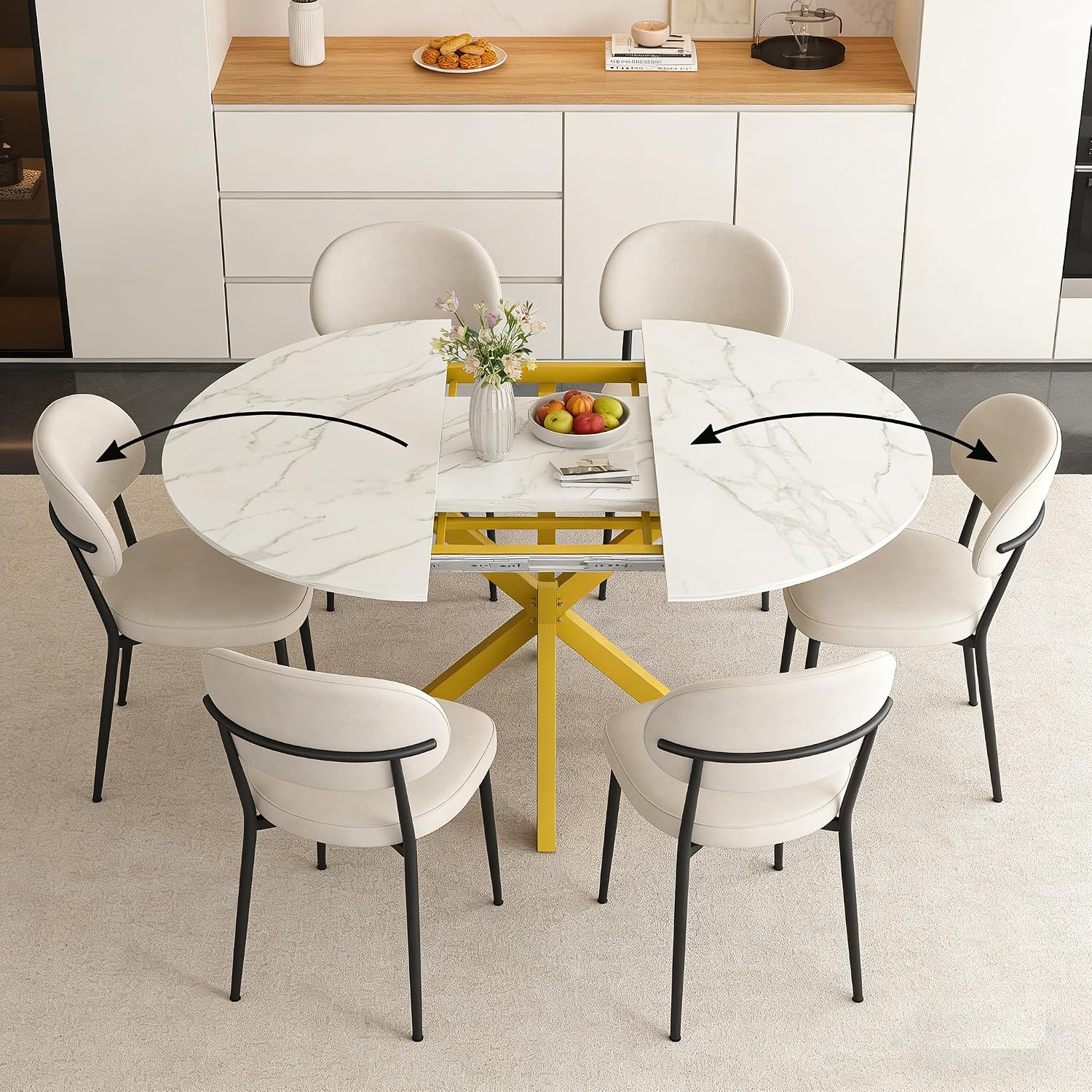 42''-59'' Extendable Dining Room Table for 4-6, White Marble Round Dining Table, Modern Kitchen Circle Oval Dinner Table with Carbon Steel Base Removable Leaves Space Saving, Mid-Century