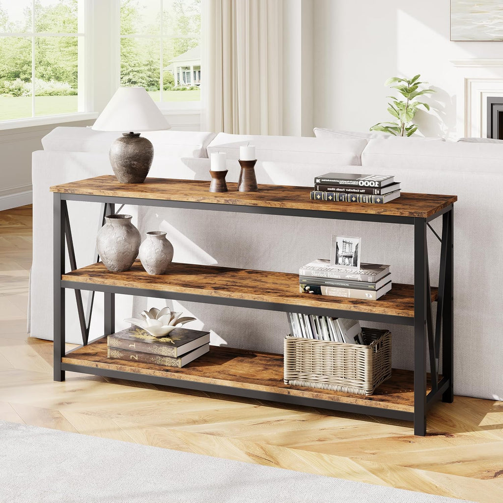 IDEALHOUSE Industrial Entryway Table, 47 in Narrow Long Console Table with Storage, 3 Tier Wood Console Table for Living Room, Farmhouse Sofa Tables Behind Couch, Hallway Table for Foyer-Brown