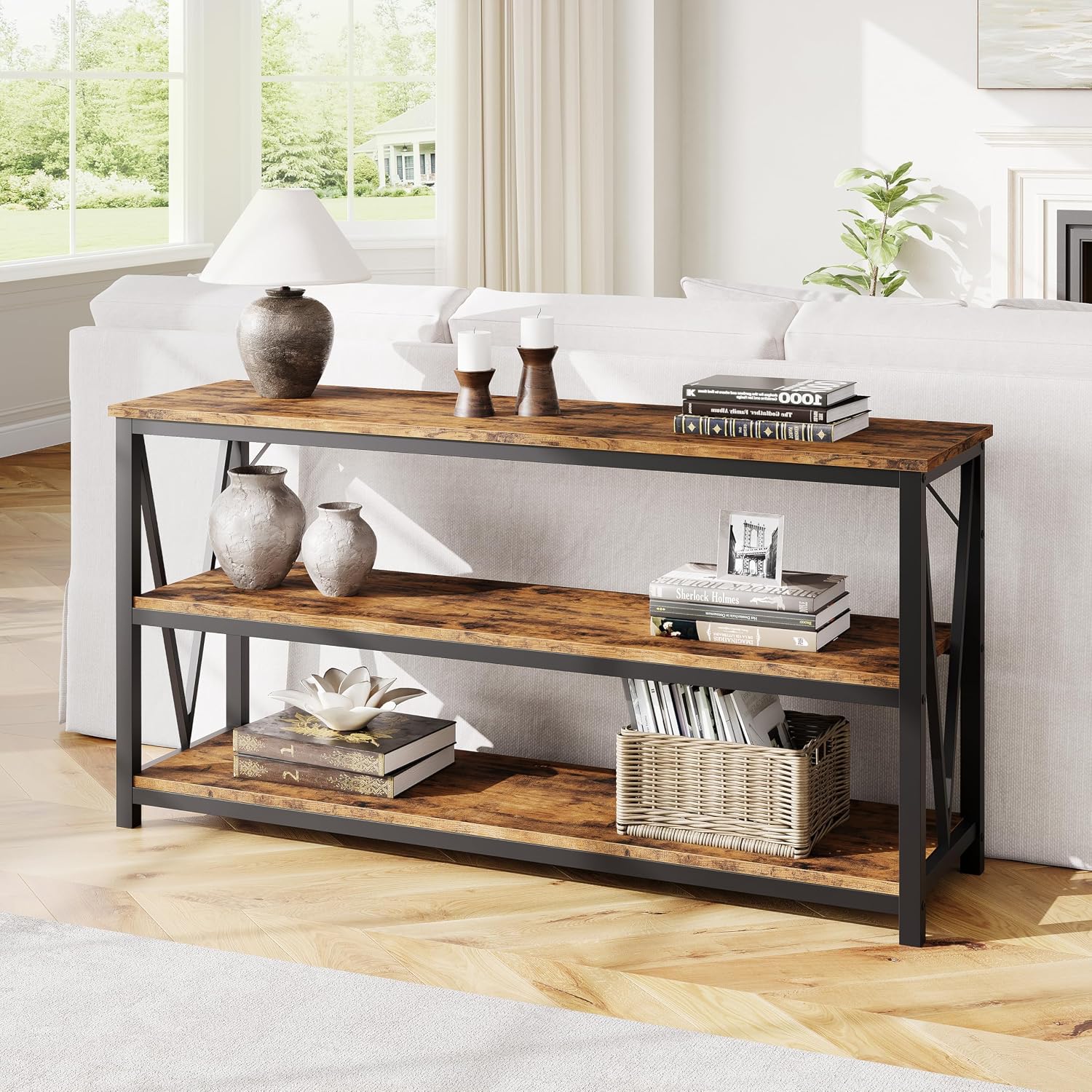 IDEALHOUSE Industrial Entryway Table, 47 in Narrow Long Console Table with Storage, 3 Tier Wood Console Table for Living Room, Farmhouse Sofa Tables Behind Couch, Hallway Table for Foyer-Brown