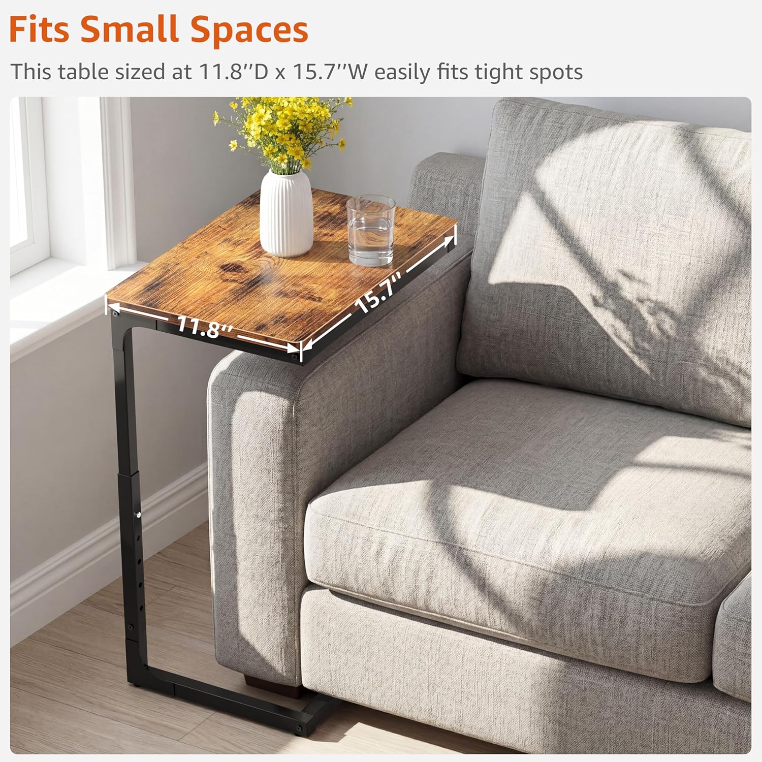 5-Level Adjustable C Side Table - End Table Living Room Bedroom Indoor Small C Shaped Couch Tray Desk, Farmhouse Brown