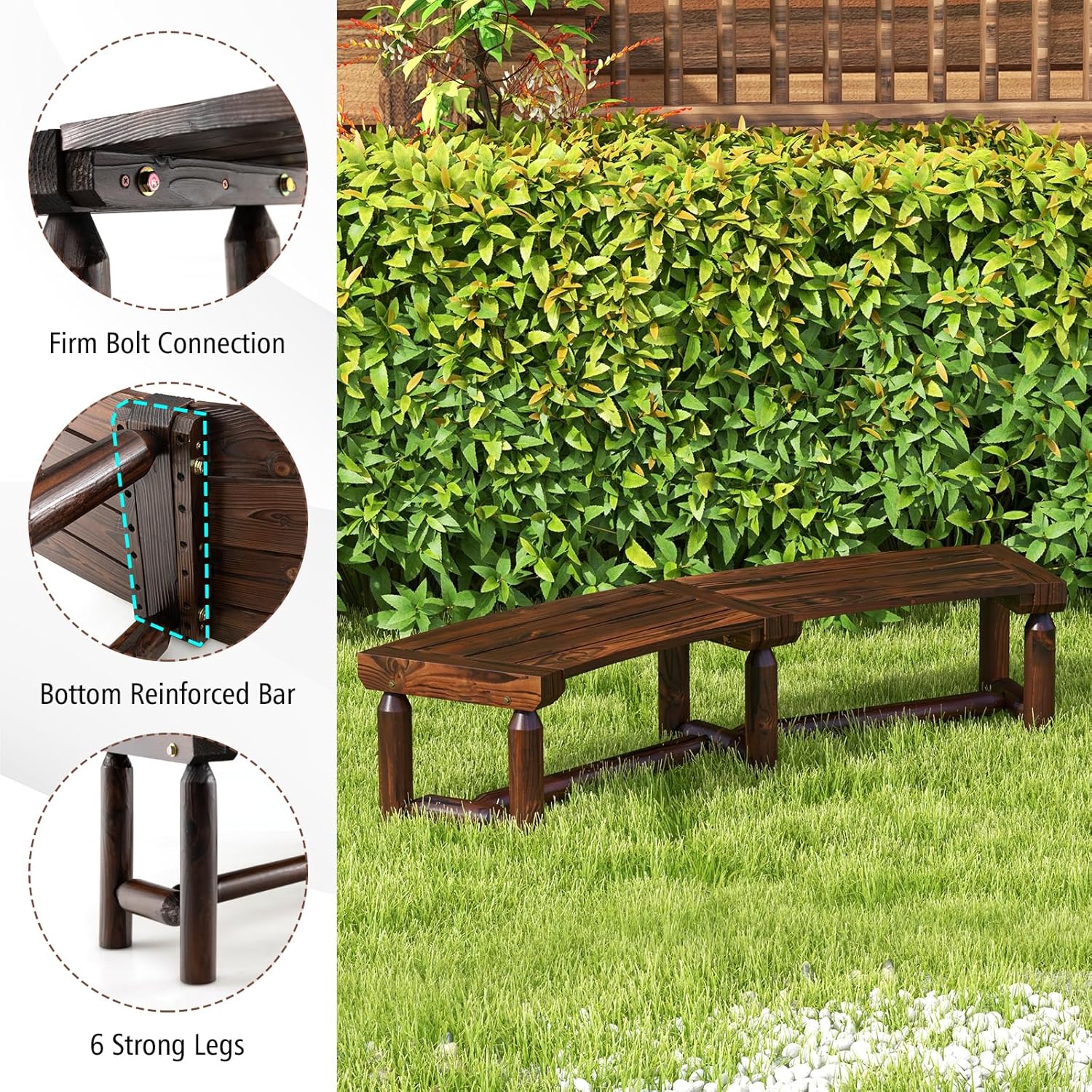 Moccha Outdoor Curved Bench, Carbonized Wood Fire Pit Bench with Slatted Seat, Loveseat, Rustic Wood Outside Chair, Patio Backless 2-Person Seating for Yard Deck Porch, 710 LBS Max Load (2)