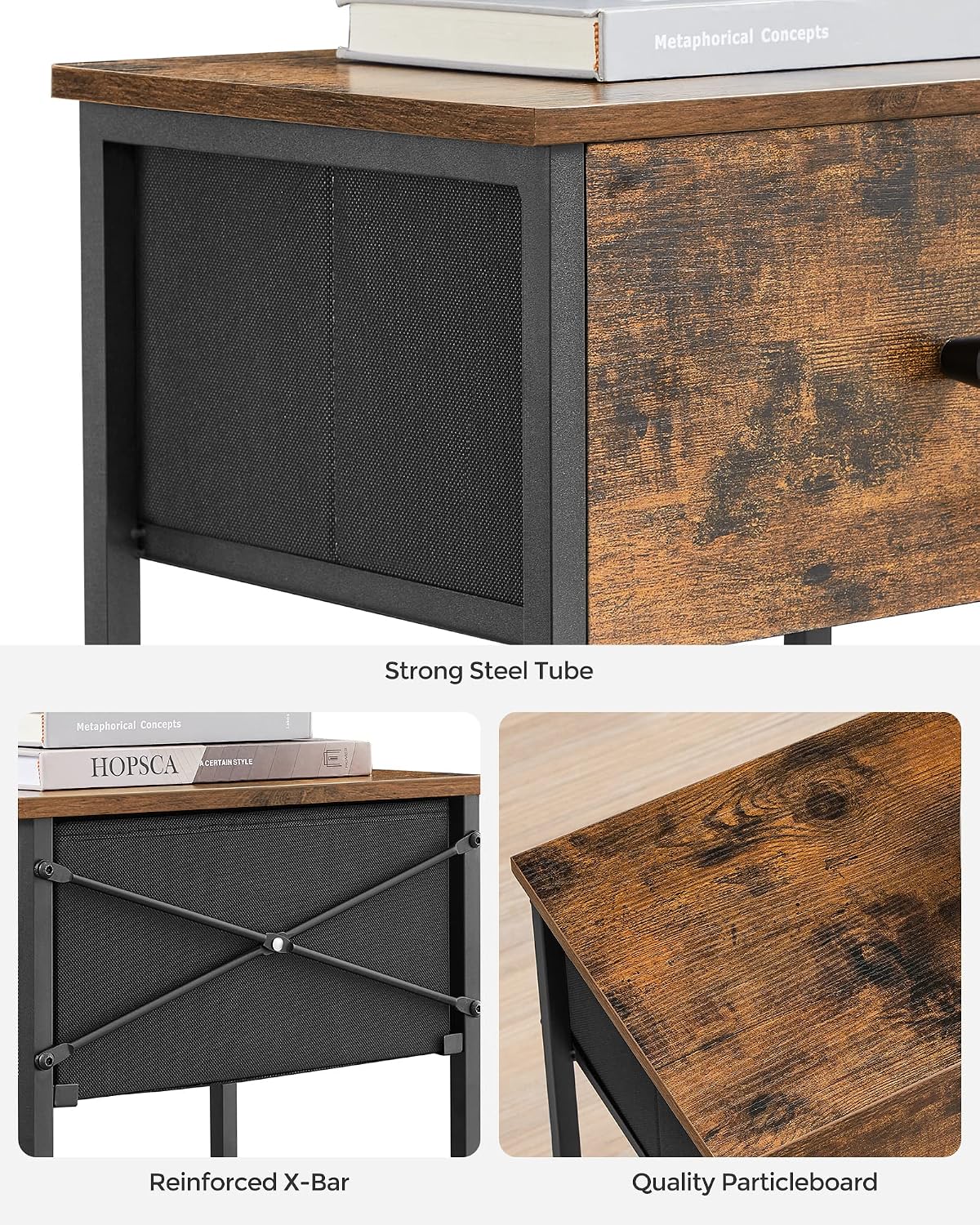VASAGLE Nightstand, Side Table with Fabric Drawer, 24-Inch Tall End Table with Storage Shelf, Bedroom, Rustic Brown and Black ULGS021B01