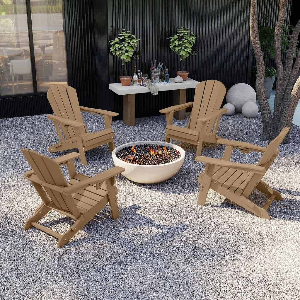Kingdura Foldable Adirondack Chair, Portable HDPE All Weather Resistant Outdoor Patio Chairs, Wooden Textured with Cup Holder, 380LBS Capacity for Poolside, Backyard, Deck, Fire Pit (Brown)