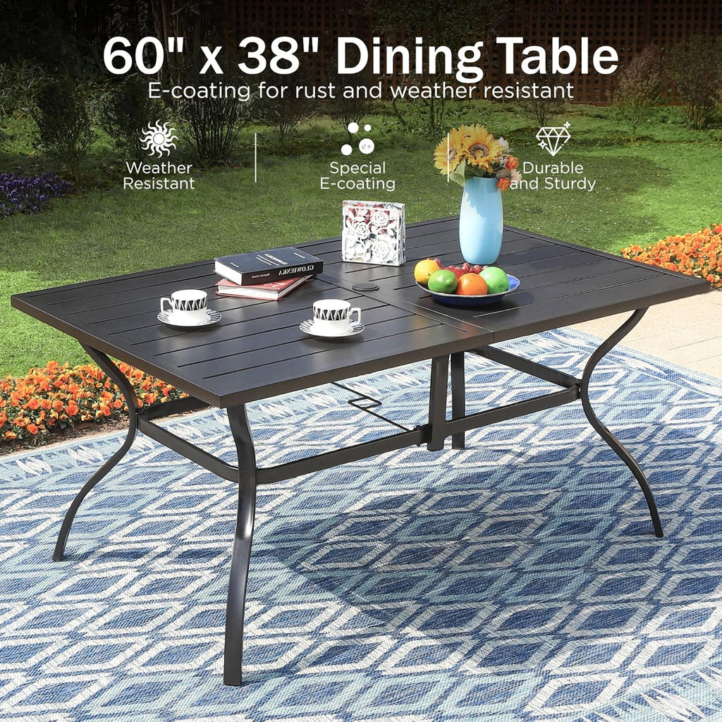 PHI VILLA Outdoor Dining Table for 6, 60" Long Rectangular Metal Wrought Iron Table with Umbrella Hole, All-Weather Large Furniture for Patio, Backyard, Porch