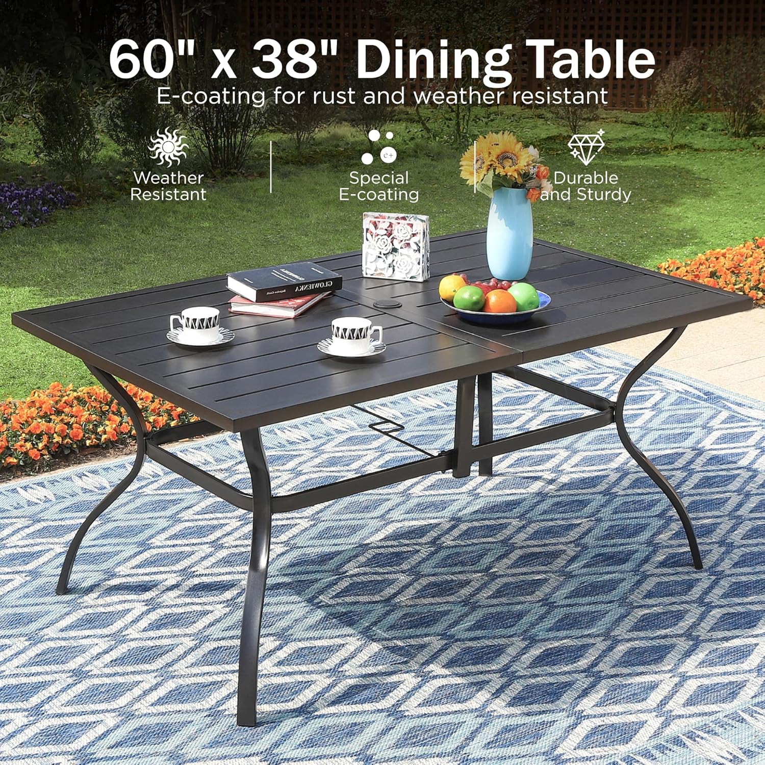 PHI VILLA Outdoor Dining Table for 6, 60" Long Rectangular Metal Wrought Iron Table with Umbrella Hole, All-Weather Large Furniture for Patio, Backyard, Porch