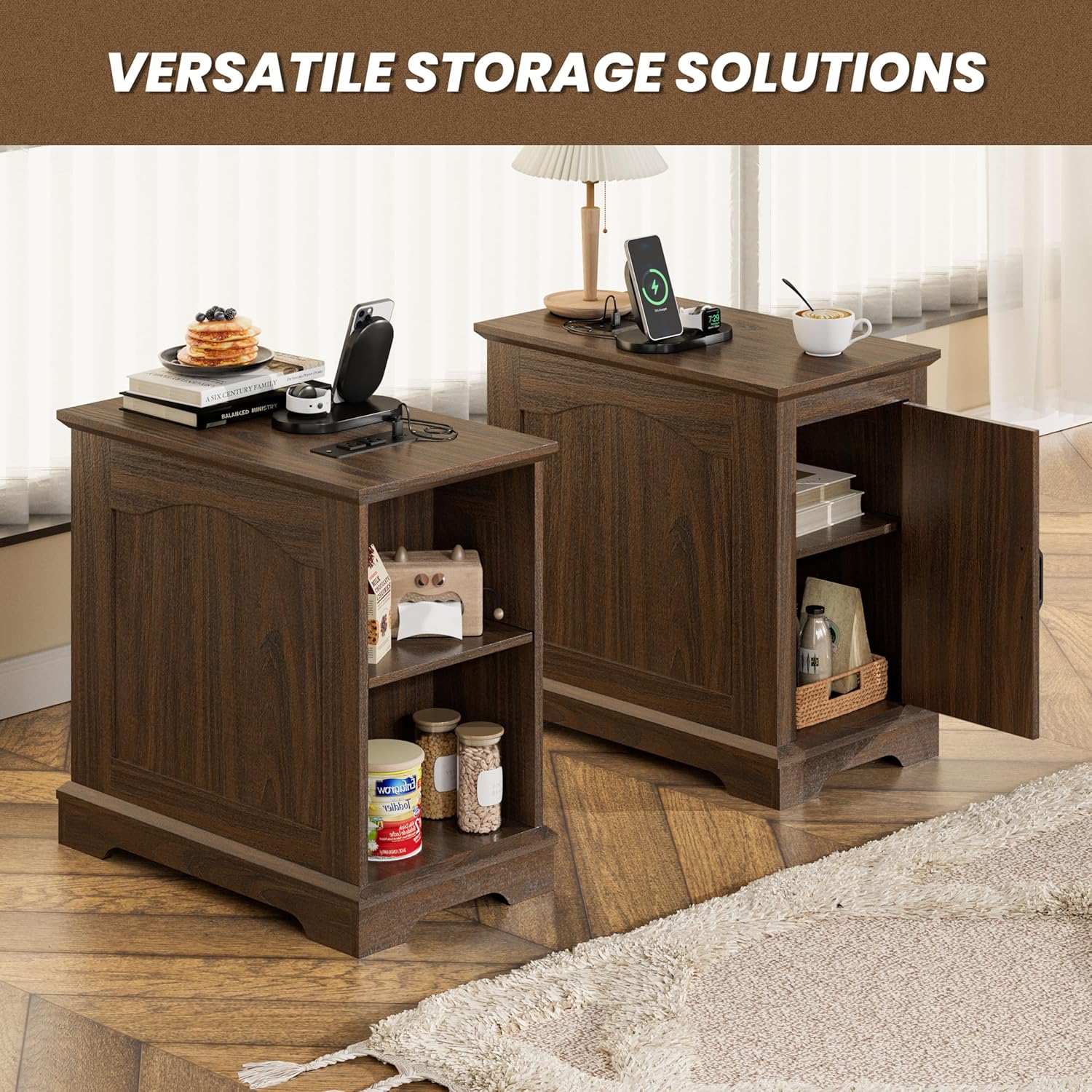 End Tables Set of 2 with Charging Station,Narrow Side Table with Storage for Sofa Couch or Bed Side, Farmhouse Nightstand with Wood Door for Bedroom Living Room(Walnut)
