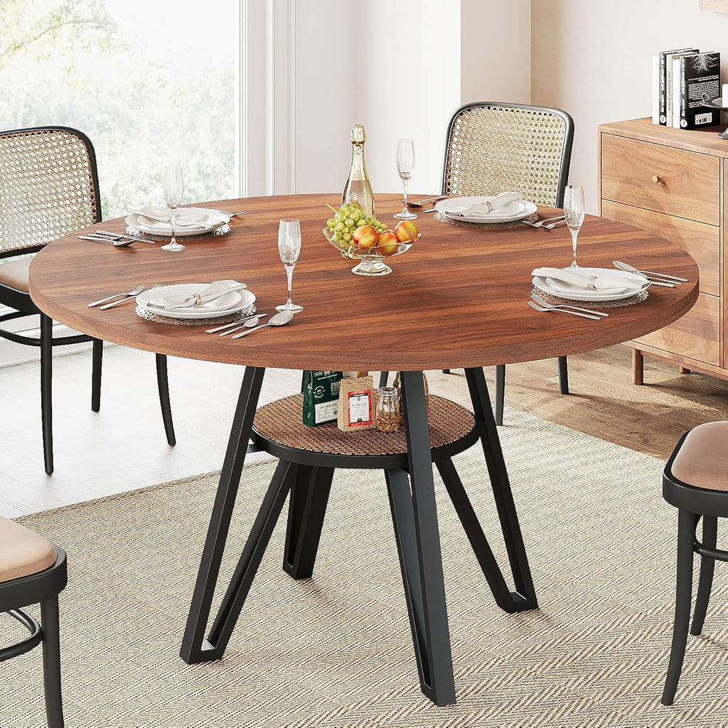 LIKIMIO 47.2" Round Dining Table for 4, Kitchen Table with Rattan Storage Shelf, Space Saving, Farmhouse Wood for Dining Room, Living Room,Walnut