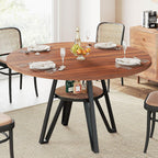 LIKIMIO 47.2" Round Dining Table for 4, Kitchen Table with Rattan Storage Shelf, Space Saving, Farmhouse Wood for Dining Room, Living Room,Walnut