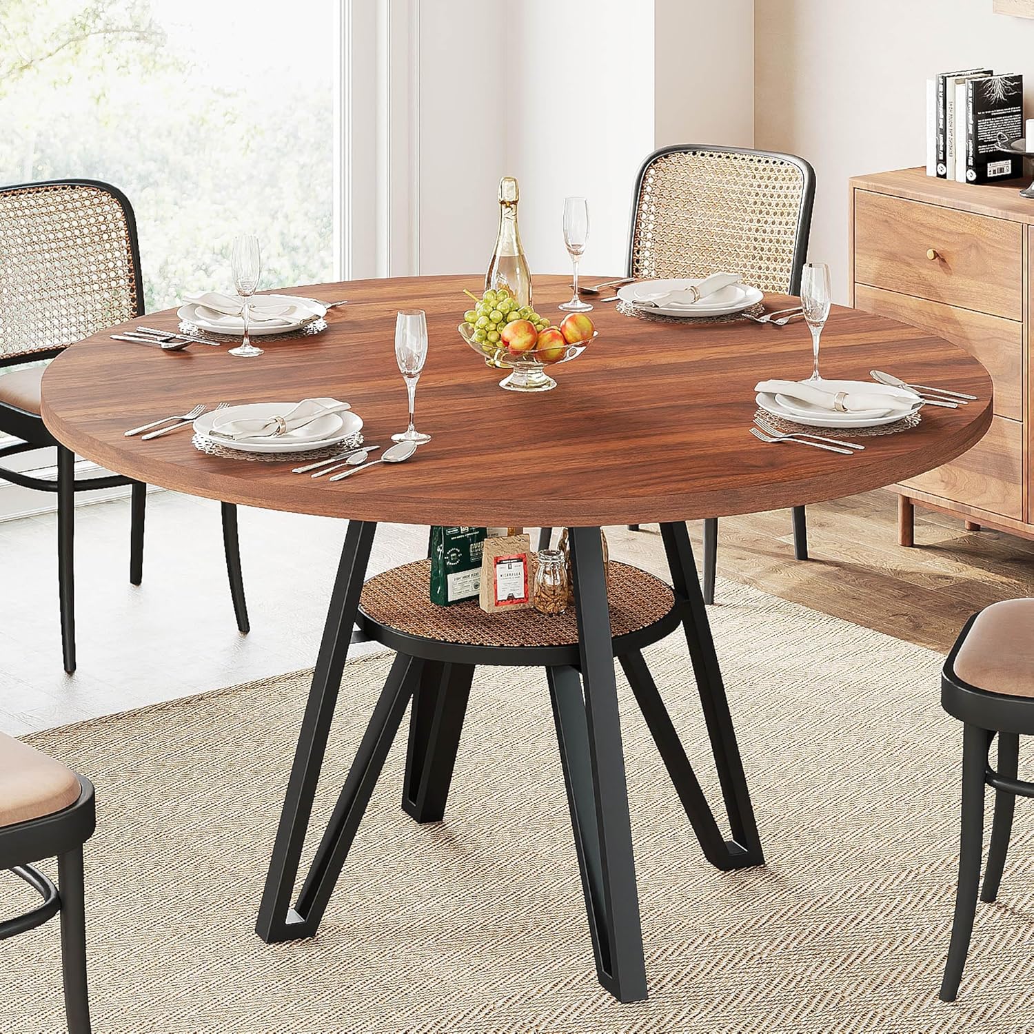 LIKIMIO 47.2" Round Dining Table for 4, Kitchen Table with Rattan Storage Shelf, Space Saving, Farmhouse Wood for Dining Room, Living Room,Walnut