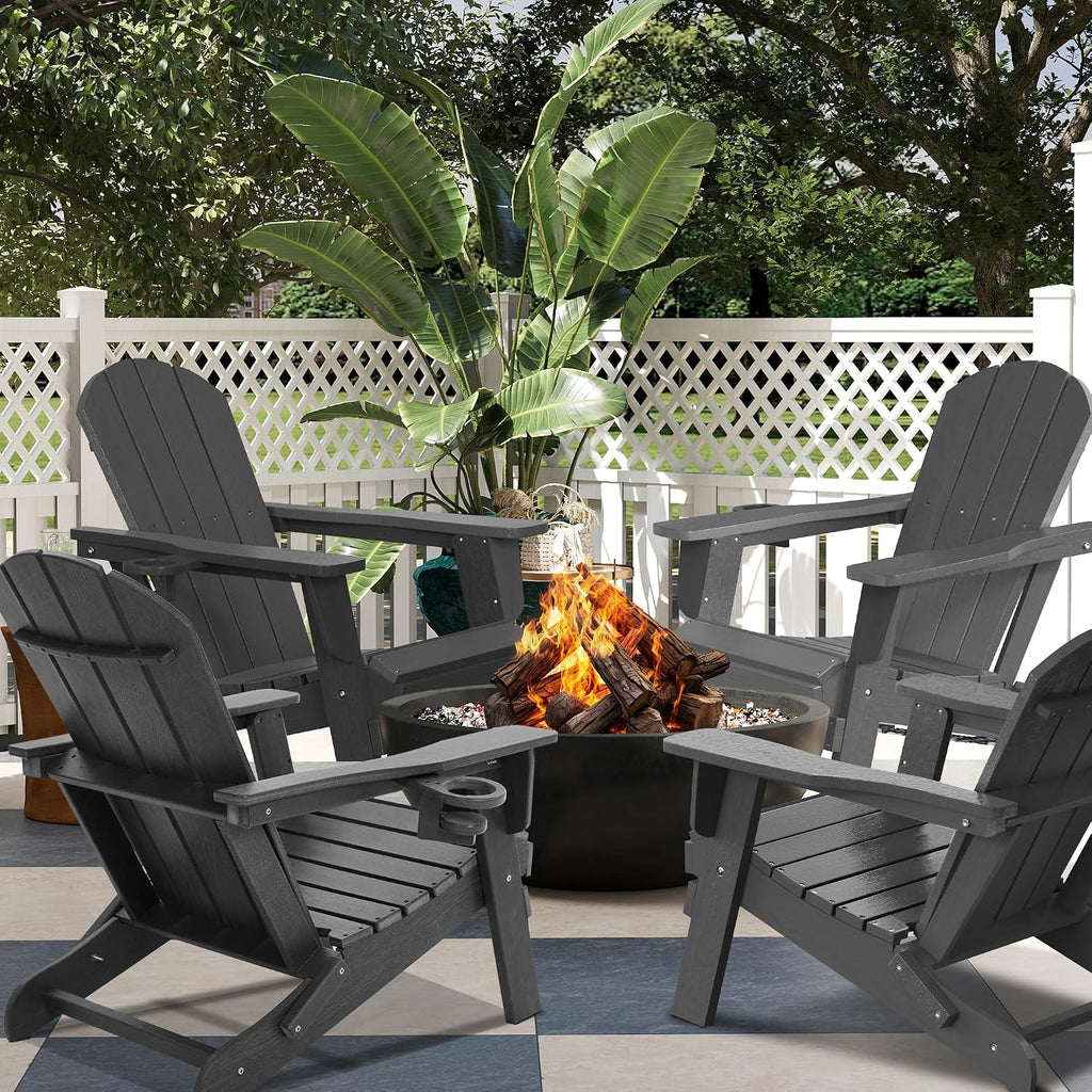 Folding Adirondack Chair with Cup Holder, HDPE All-Weather Folding Patio Chair, Outdoor Patio Adirondack Chair for Lawn Porch Garden Backyard Deck Fire Pit, Gray