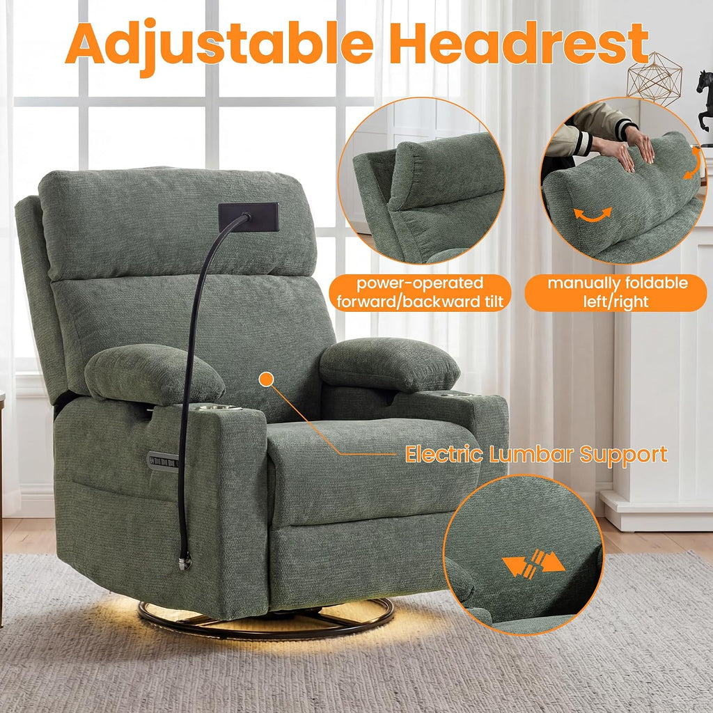 FiveWillowise Power Rocking Chair Nursery with Adjustable Arms&Headrest | Glider Recliner Chair, Swivel Reading Chair with Electric Lumbar Support, Cup Holder, Nightlight and USB Ports,Green