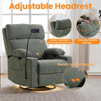 FiveWillowise Power Rocking Chair Nursery with Adjustable Arms&Headrest | Glider Recliner Chair, Swivel Reading Chair with Electric Lumbar Support, Cup Holder, Nightlight and USB Ports,Green