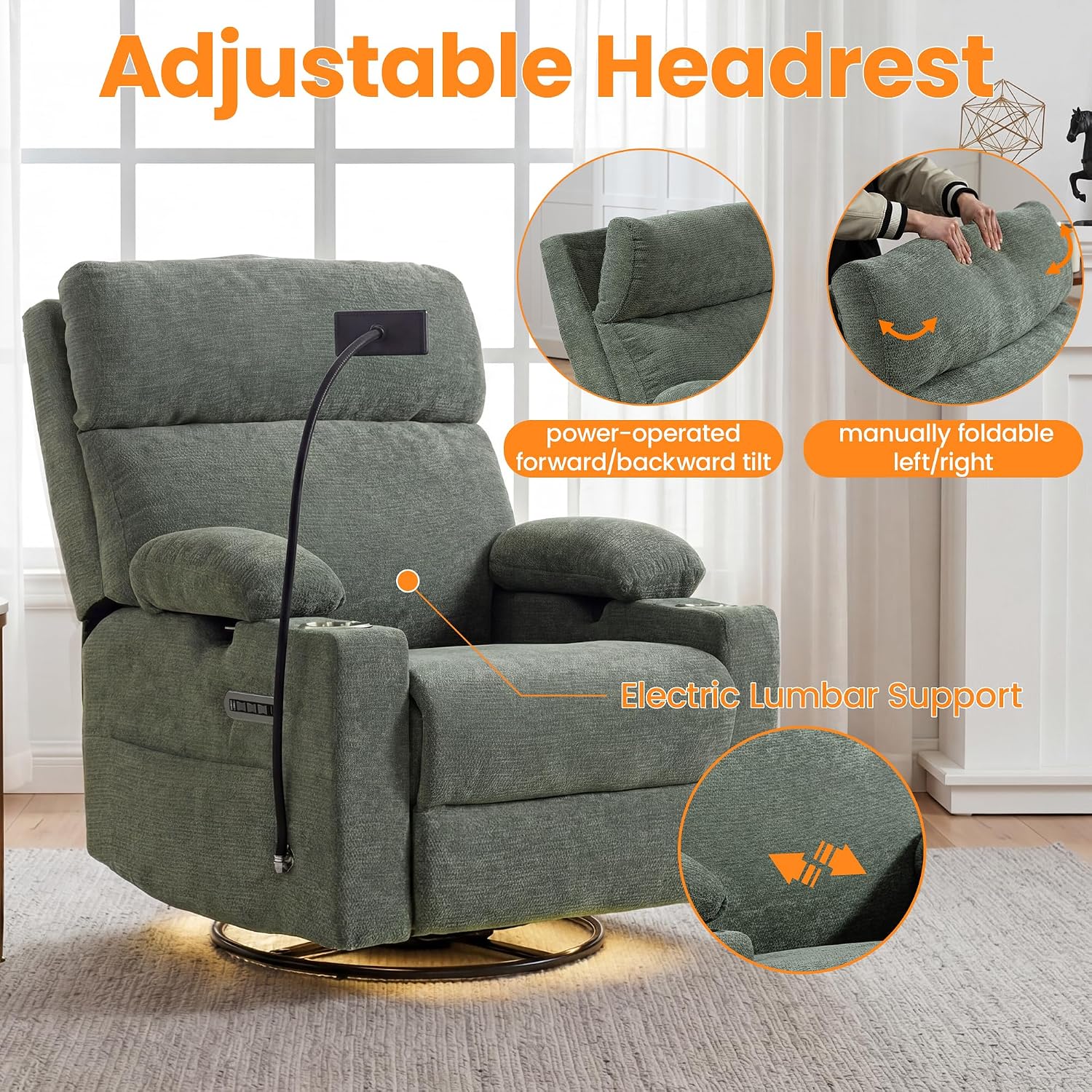 FiveWillowise Power Rocking Chair Nursery with Adjustable Arms&Headrest | Glider Recliner Chair, Swivel Reading Chair with Electric Lumbar Support, Cup Holder, Nightlight and USB Ports,Green