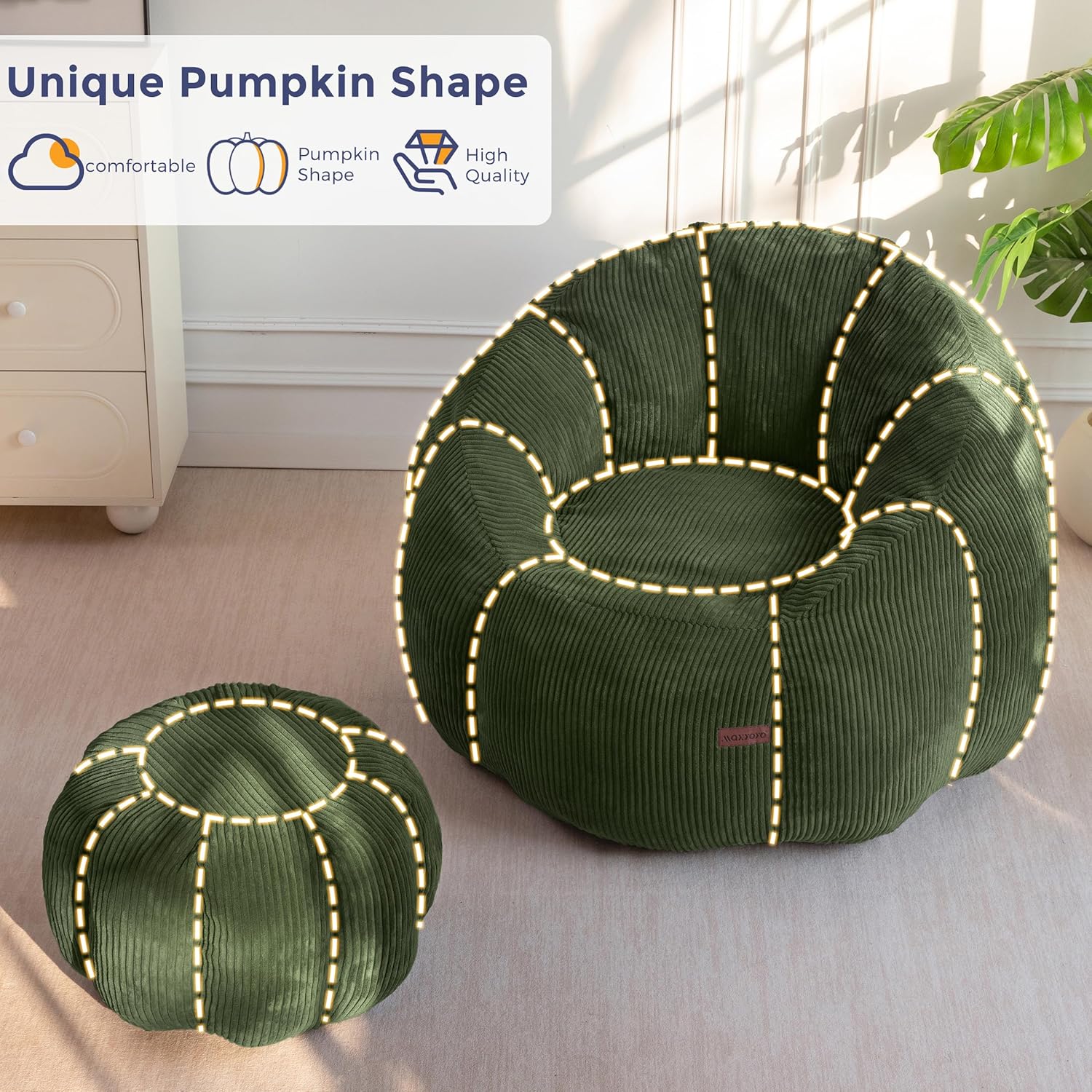 MAXYOYO Giant Bean Bag Chair with Ottoman, Pumpkin-Shaped Bean Bag Sofa with Footstool, Oversized Boneless Couch Chair in a Box, Comfy and Lazy Lounge for Dorm, Living Room, Bedroom, Green