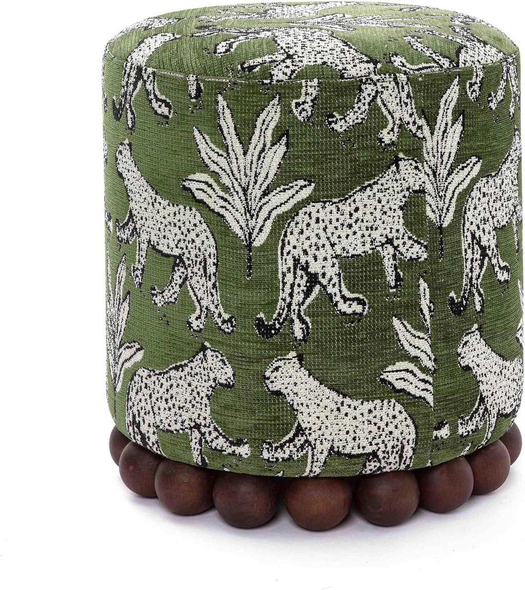 First of a Kind Ottoman Foot Rest - Olive Green Round Ottoman Stool with Solid Wood Spherical Orbs - 15.7" W x 15.7" D x 18.3" H - Handmade, Easy Clean, 330 lbs Weight Capacity
