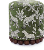First of a Kind Ottoman Foot Rest - Olive Green Round Ottoman Stool with Solid Wood Spherical Orbs - 15.7" W x 15.7" D x 18.3" H - Handmade, Easy Clean, 330 lbs Weight Capacity