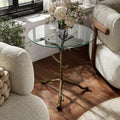 24/7 Shop at Home Lalia Modern Round End Table with Nature-Inspired Branch Base, Tempered Glass Top, Hammered Steel Frame for Living Room, Matte Gold