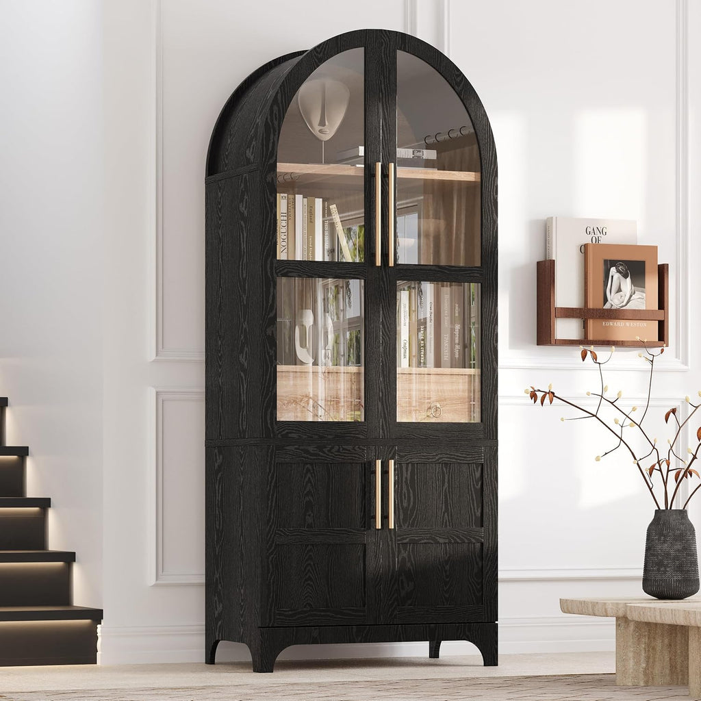 GDFStudio Mariah 71" Tall Arched Kitchen Pantry Cabinet with Hidden Drawer, Glass Door & Adjustable Shelves, Farmhouse Storage Cabinet Cupboard for Kitchen Dining Room, Home Pantry Storage, Black