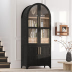 Arched Bookshelf Storage Cabinet with Glass Doors,71" Tall Kitchen Food Pantry Funiture with Adjustable Shelves,Farmhouse Pantry Cabinet with Hidden Drawer,Cupboard for Kitchen,Dining Room (Black)