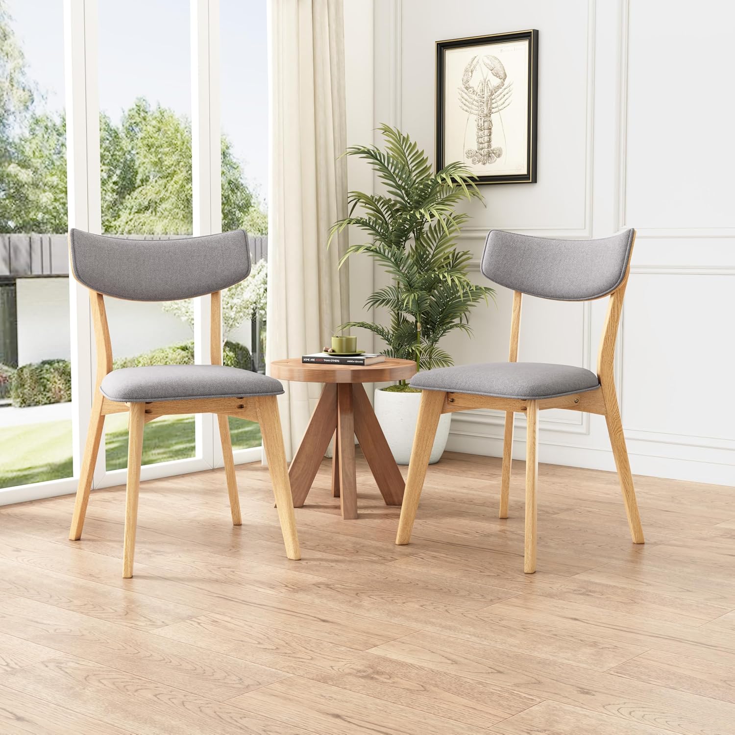 Dining Chairs Set of 2, Mid-Century Modern Upholstered Armless Chair w/Seat Cushion, Padded Backrest, Oak/Dark Grey