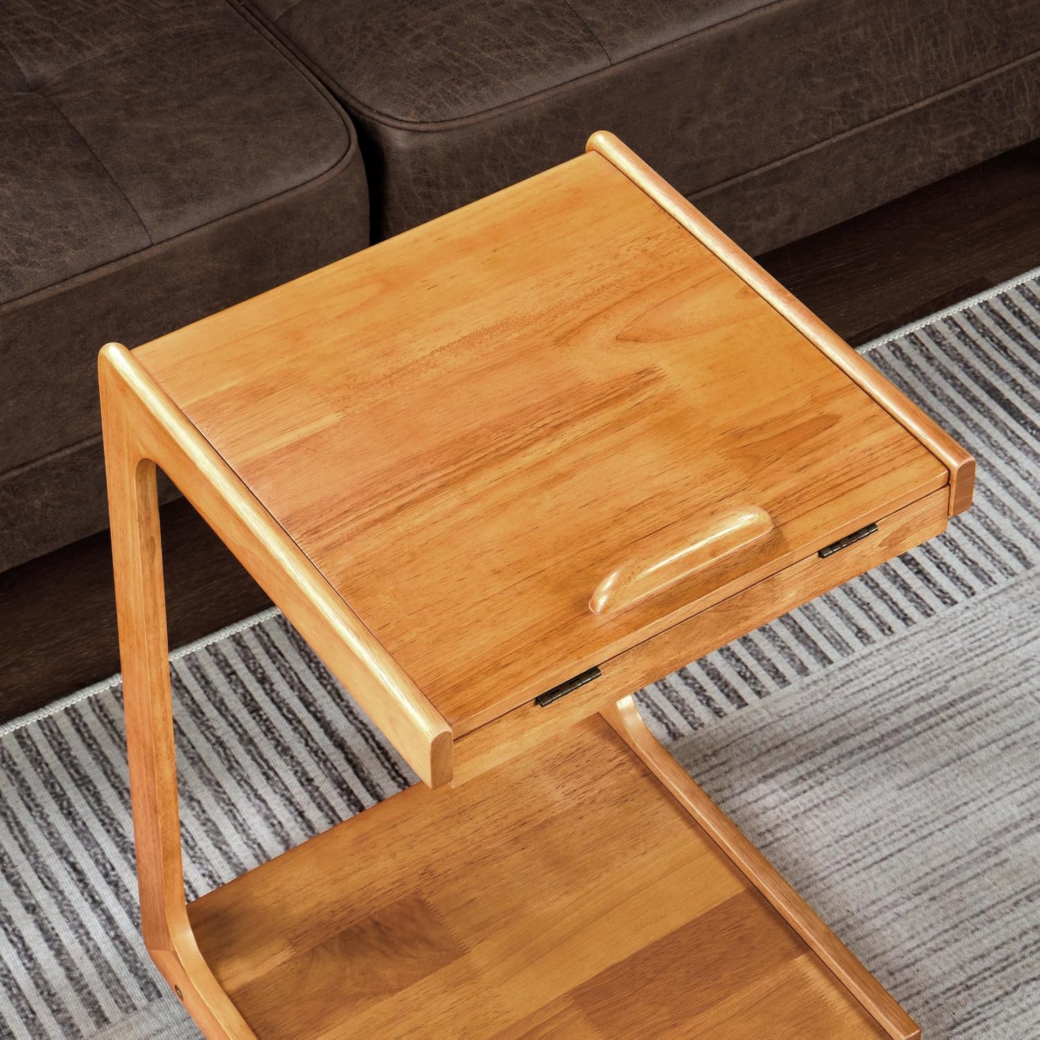 Solid Wood C-Shaped Side End Table with Casters, Adjustable Tilt Top Mobile Laptop Desk, 2-Tier Rolling Sofa Table with Storage Shelf for Couch & Bed, Living Room Easy Assembly Wood Natural BJ101-OA