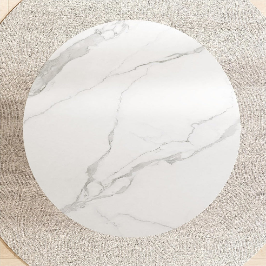 White Dining Table 43.30" Round Kitchen Table with Imitation Marble Grain Top & PU Leather Iron Pedestal,Modern Faux Marble Dinner Furniture for Kitchen Dining Room/Meeting Room
