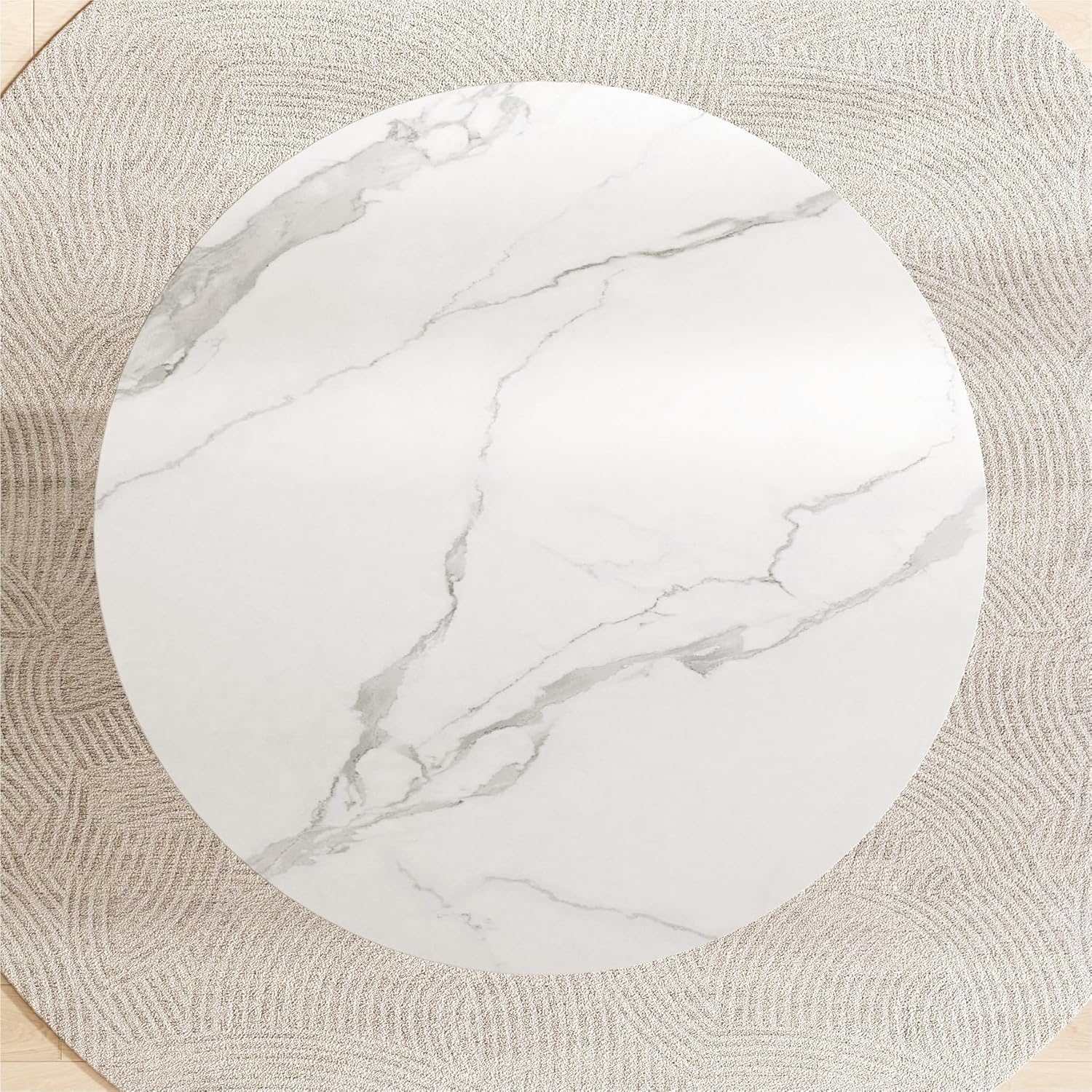 Round Dining Table with Marble Grain Top for 4-6 People,35.43 Inches Dining Room Table with Pleated PU Leather Pedestal Base, Circle Kitchen Tables for Dining Room, Kitchen, Living Room