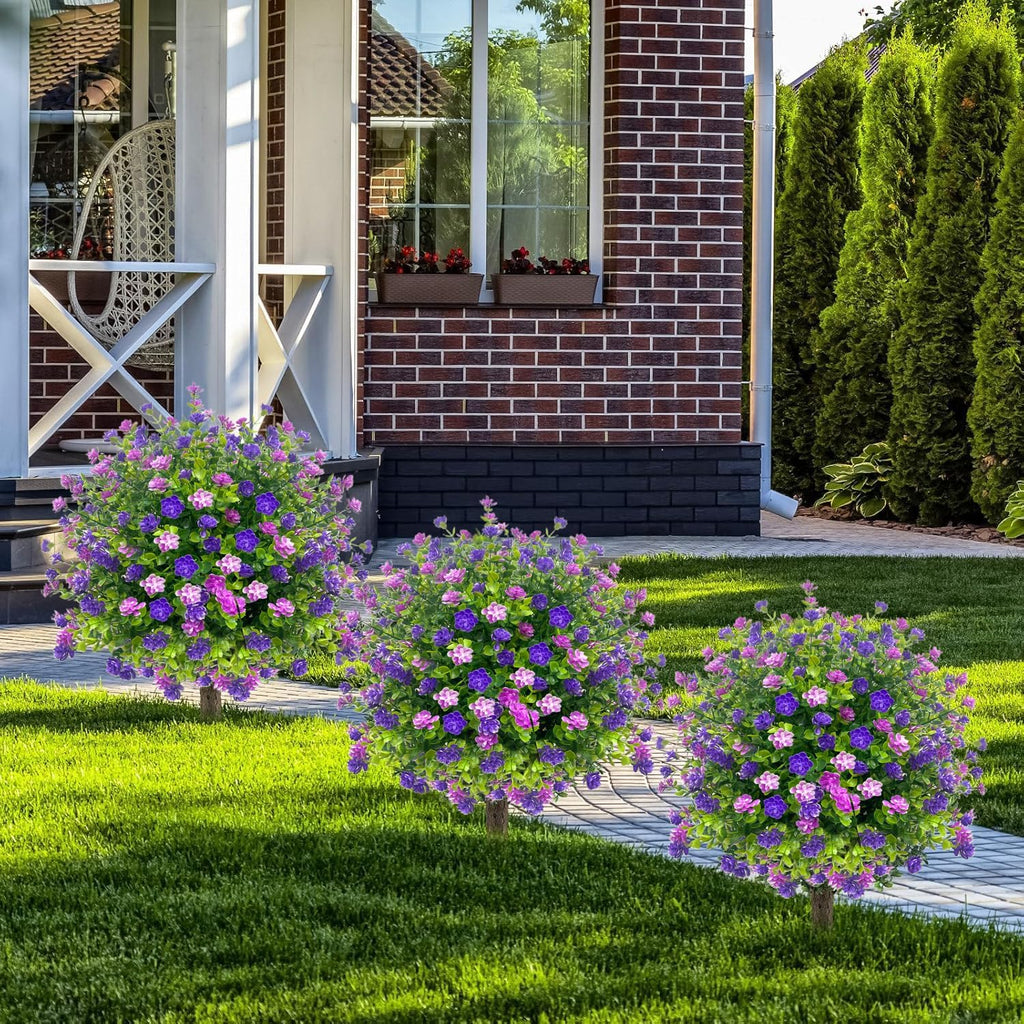 2 Pack Artificial Boxwood Topiary Ball Trees with Spikes, Outdoor UV Resistant Fake Plants Flowers, Faux Bushes Shrubs Greenery for Planters Yard Porch Pathway Office Balcony Decor - Purple