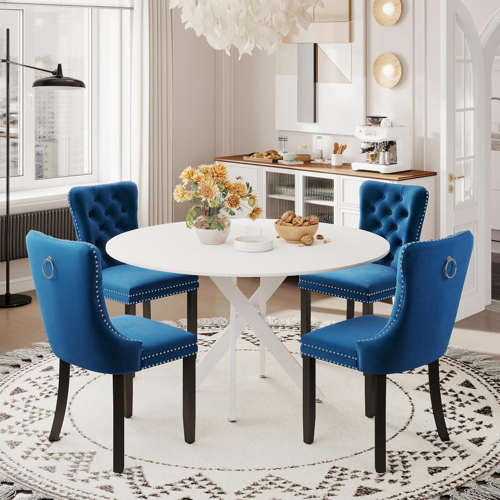 RGZ Farmhouse White Round Dining Table Set for 4, 47'' Retro Rustic Circular Kitchen Table Set, 5 PCS Dinner Room Set with 4 Blue High-end Tufted Chairs, for Apartment, Home, Leisure