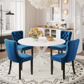 RGZ Farmhouse White Round Dining Table Set for 4, 47'' Retro Rustic Circular Kitchen Table Set, 5 PCS Dinner Room Set with 4 Blue High-end Tufted Chairs, for Apartment, Home, Leisure
