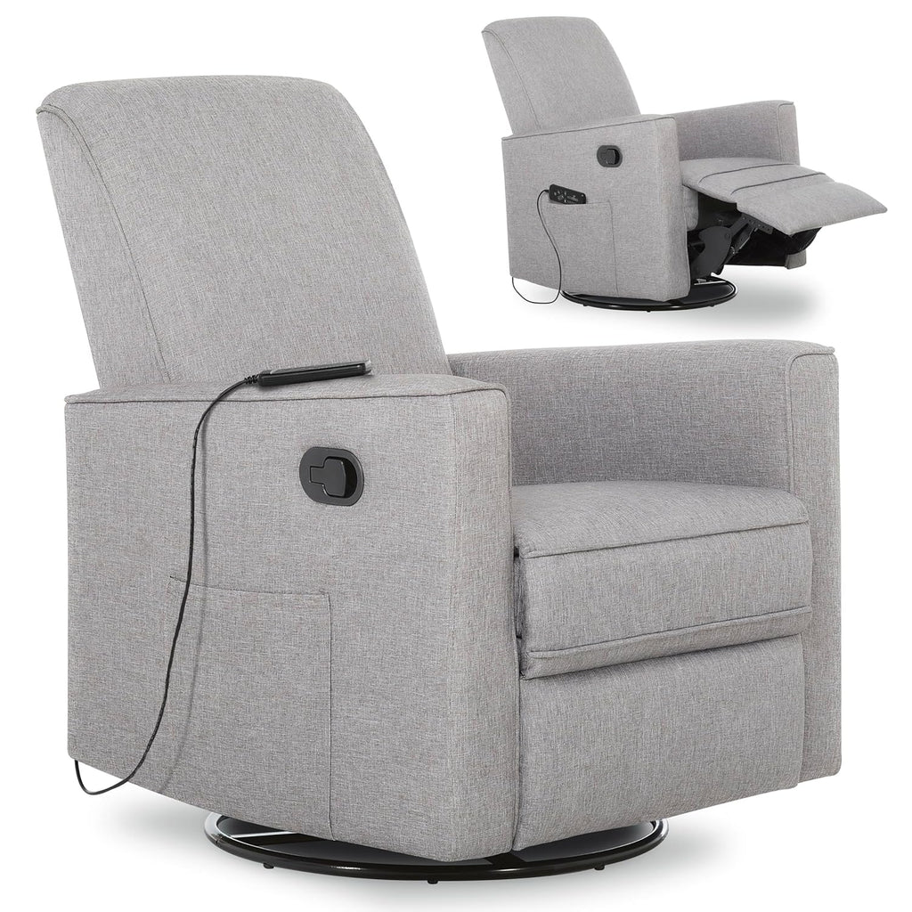 Evolur Raleigh Glider with Massager in Charcoal, Upholstered Plush Seating 360° Swivel Glider Rocking Chair, FSC Certified, Greenguard Gold & JPMA Certified Nursery Glider Recliner