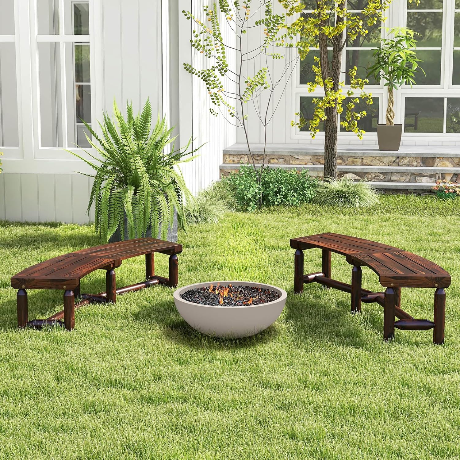 Moccha Outdoor Curved Bench, Carbonized Wood Fire Pit Bench with Slatted Seat, Loveseat, Rustic Wood Outside Chair, Patio Backless 2-Person Seating for Yard Deck Porch, 710 LBS Max Load (2)