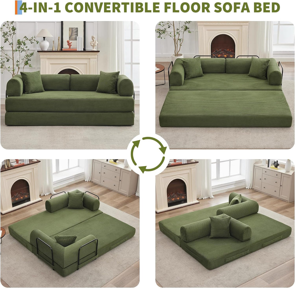 GarveeHome 79" Convertible Sleeper Sofa Bed Couch, 4-in-1 Boneless Corduroy Folding Sofa Bed with Pillow & Fixed-Shape, Floor Mattress Couch Loveseat for Living Room Apartments - No Assembly, Green