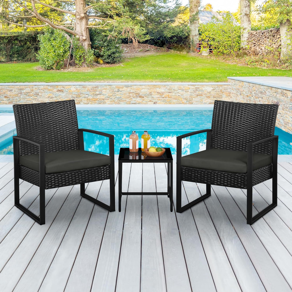 Yaheetech 3 Pieces Rattan Bistro Set, Indoor/Outdoor Wicker Patio Modern Conversation Furniture, 2 Chairs & Tempered Glass Coffee Table for Garden, Balcony, Backyard, Poolside, Black/Gray