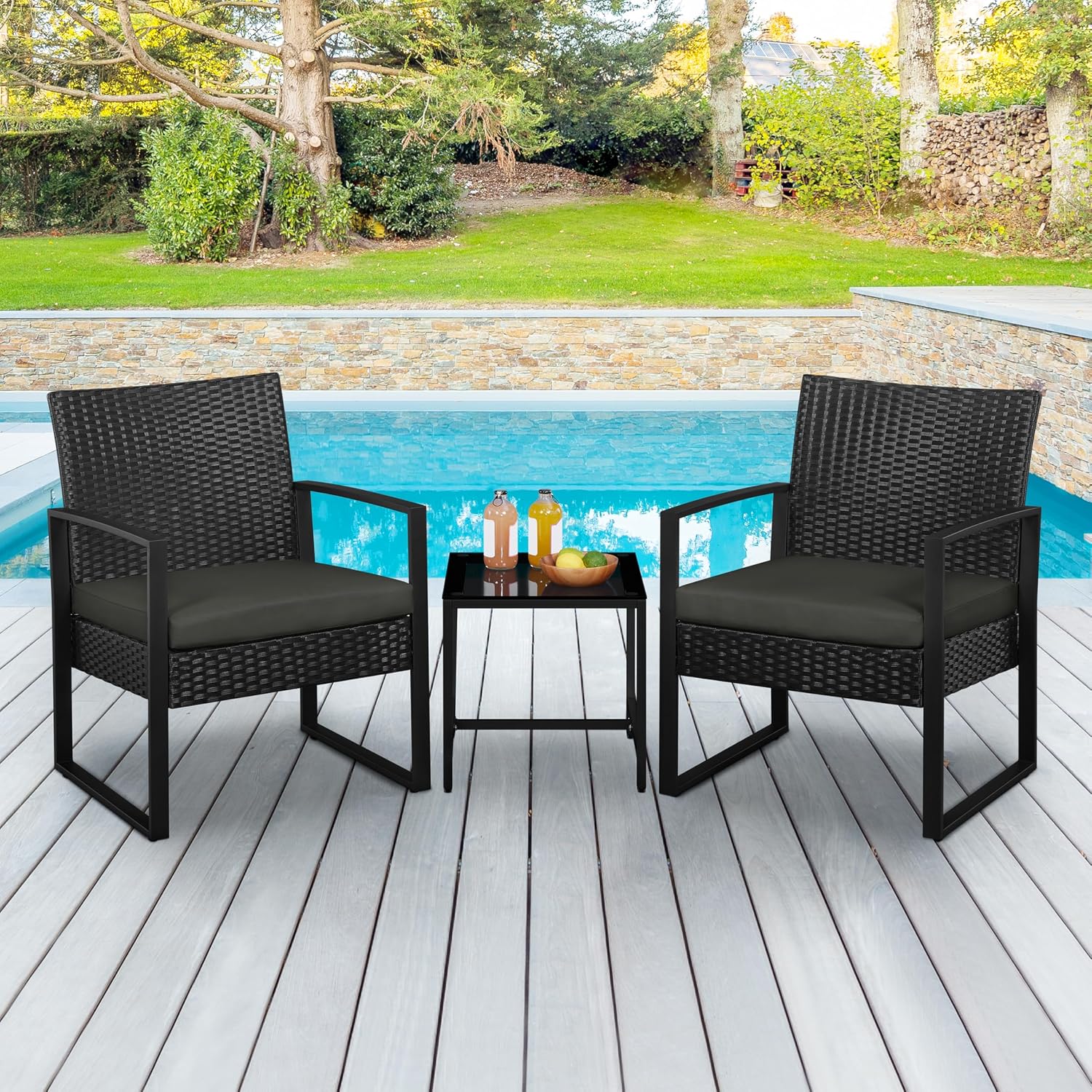 Yaheetech 3 Pieces Rattan Bistro Set, Indoor/Outdoor Wicker Patio Modern Conversation Furniture, 2 Chairs & Tempered Glass Coffee Table for Garden, Balcony, Backyard, Poolside, Black/Gray