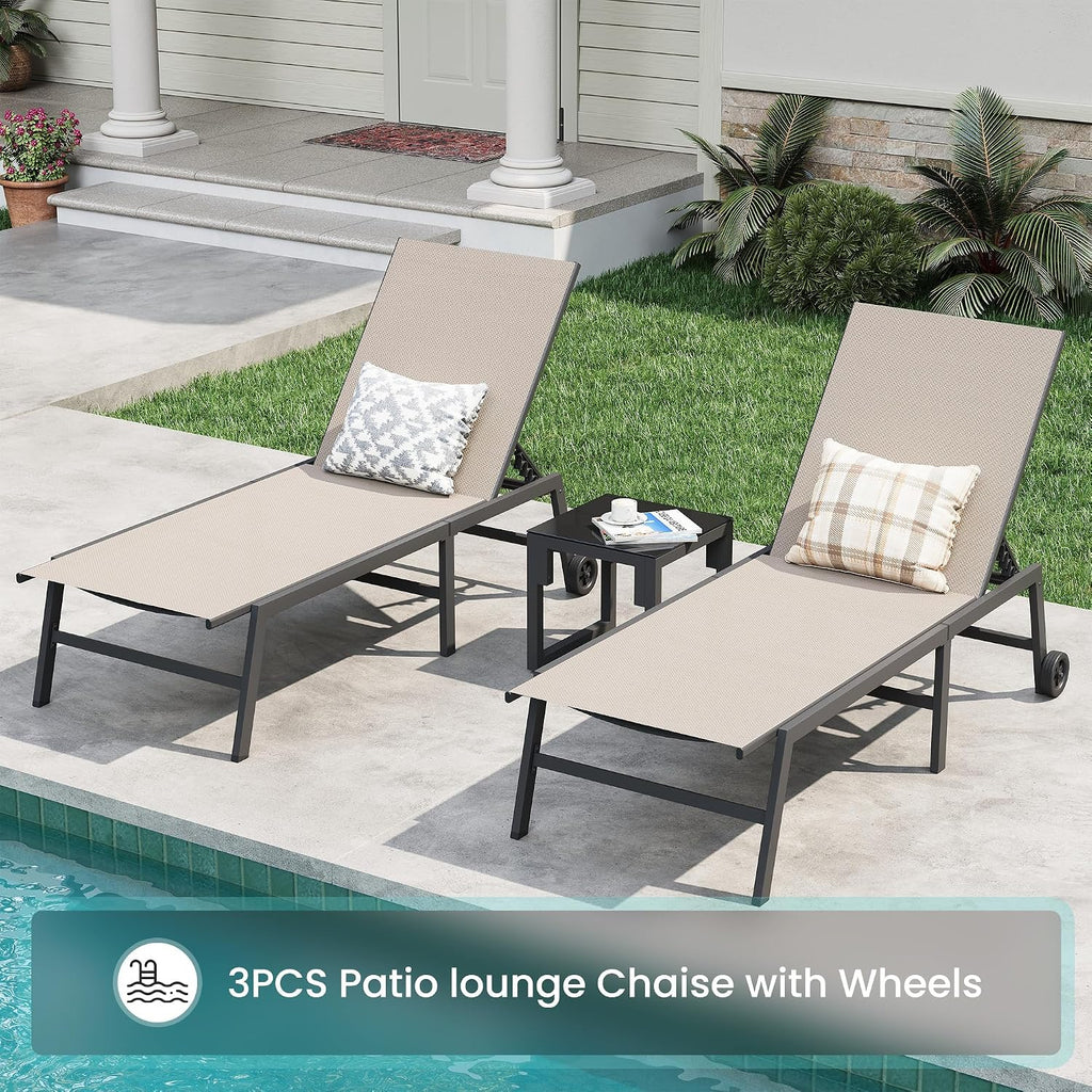 Amopatio Patio Lounge Chairs with Wheels 2 Outdoor Chaise Lounges and 1 Side Table for Poolside Adjustable Lounge Chair with Heavy-Duty Steel Frame for Backyard Poolside,400 LBS Capacity, Khaki