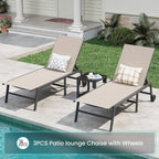 Amopatio Patio Lounge Chairs with Wheels 2 Outdoor Chaise Lounges and 1 Side Table for Poolside Adjustable Lounge Chair with Heavy-Duty Steel Frame for Backyard Poolside,400 LBS Capacity, Khaki