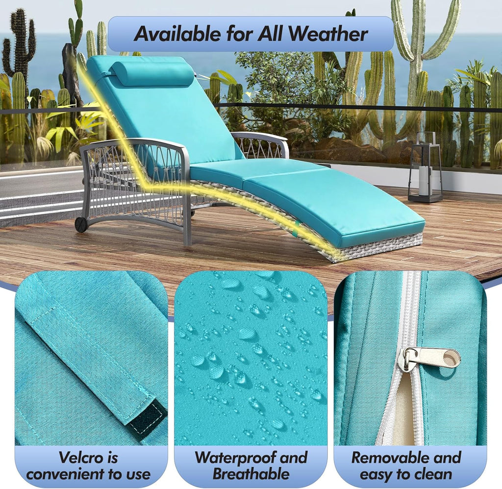 Outdoor Chaise Lounge Set of 2 Outdoor Wicker Rattan Patio Chairs Recliners with 5-Position Backrest & Thickened Cushions & Wheels for Backyard Pool Beach