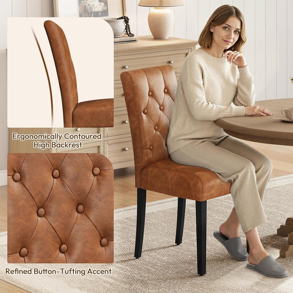 Yaheetech Upholstered Dining Chairs Set of 2 Modern Leather Parsons Kitchen Chairs with Button Tufted High Back and Solid Wood Legs and for Dining Room/Living Room/Restaurant, Retro Brown