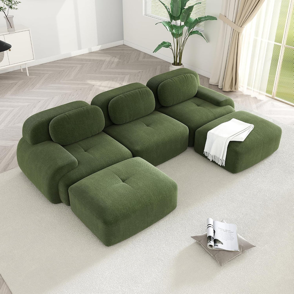 Modular Sectional Sofa Boneless Couch, U Shaped Sectional Couches for Living Room, Oversized Cloud Couch with Deep Seat and Ottoman, Comfy Corduroy Upholstery Green Couches, No Assembly(3S+2O)