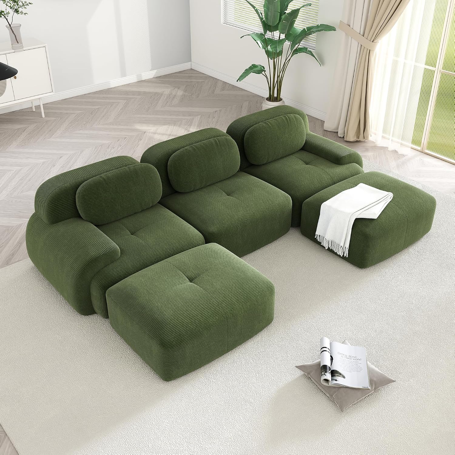 Modular Sectional Sofa Boneless Couch, U Shaped Sectional Couches for Living Room, Oversized Cloud Couch with Deep Seat and Ottoman, Comfy Corduroy Upholstery Green Couches, No Assembly(3S+2O)