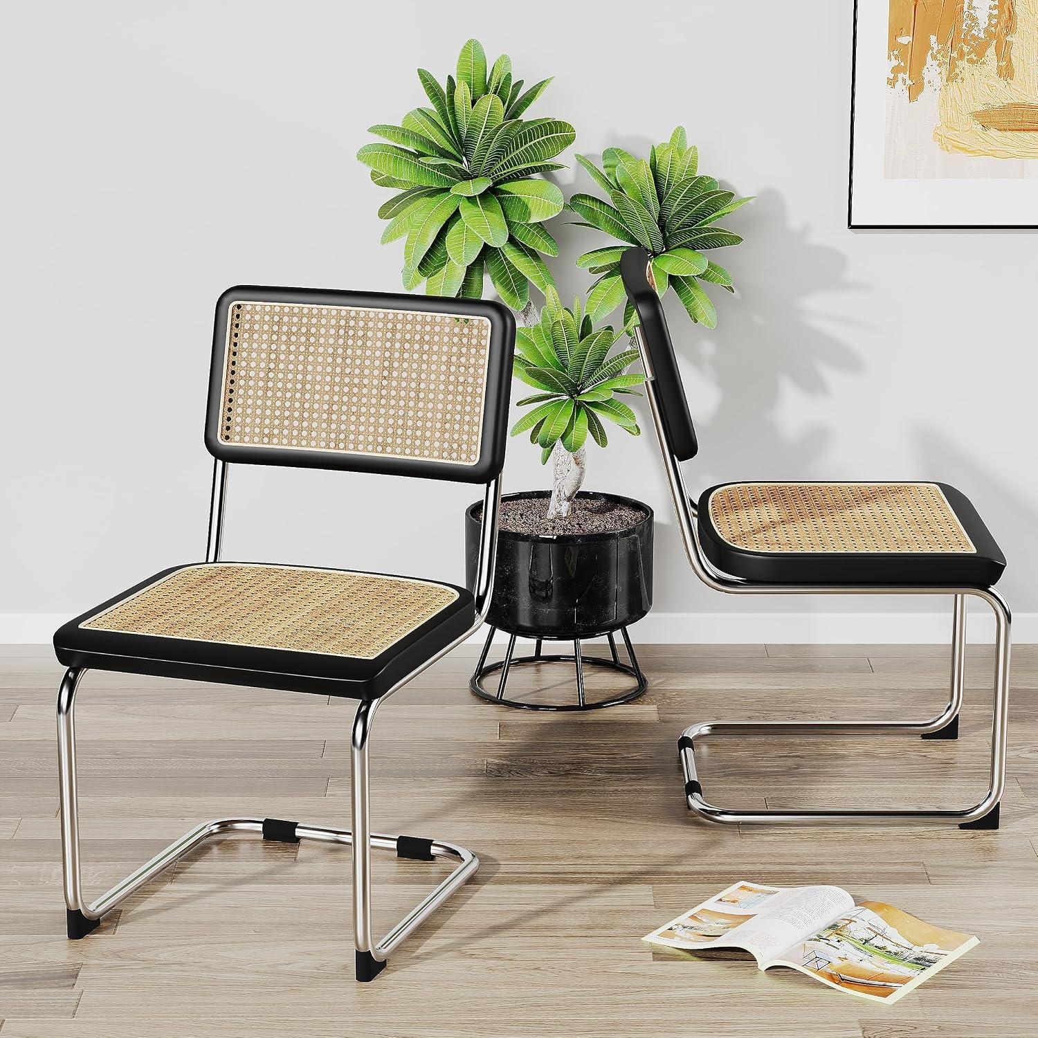 Rattan Dining Chairs Set of 2 Mid Century Modern Dining Room Chairs with Natural Rattan Woven Backrest and Seat Upholstered Kitchen Armless Side Chairs with Metal Legs, Black