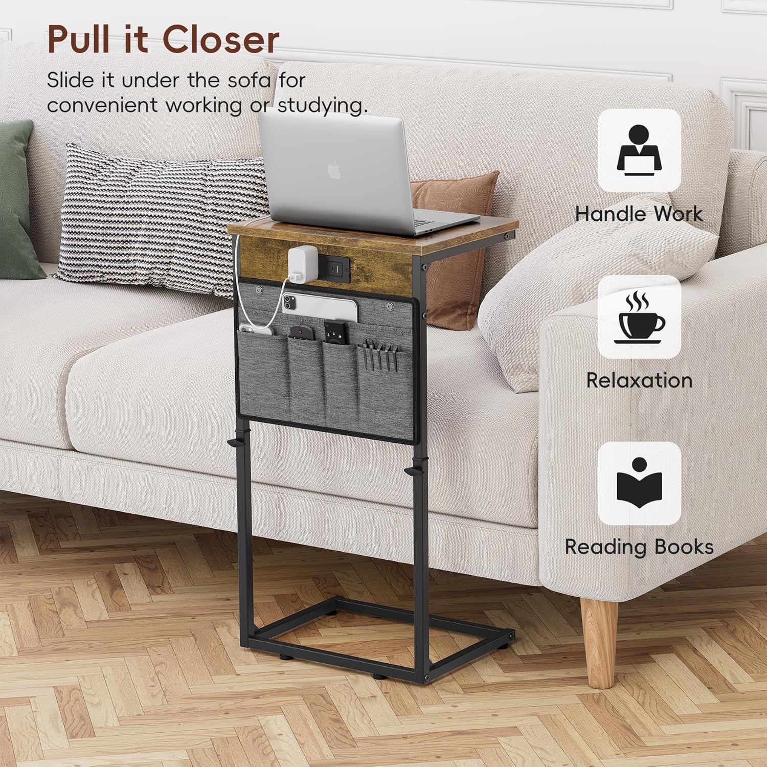 Vagusicc C-Shaped End Table with Charging Station, Small Side Table for Couch, 33" Tall C Table Adjustable Height Side Table, Couch Tables that Slide Under, Sofa Table TV Tray for Living Room, Brown