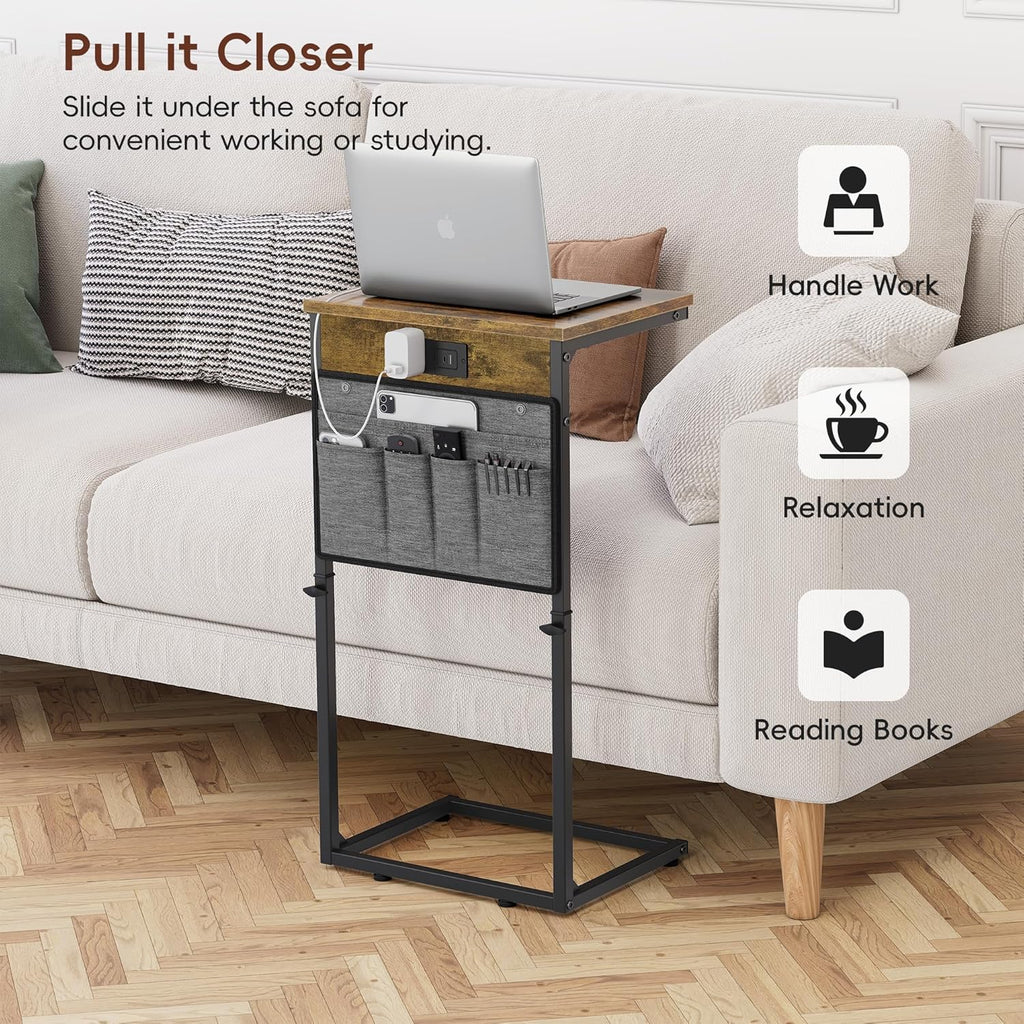 Vagusicc C-Shaped End Table with Charging Station, Small Side Table for Couch, 33" Tall C Table Adjustable Height Side Table, Couch Tables that Slide Under, Sofa Table TV Tray for Living Room, Brown