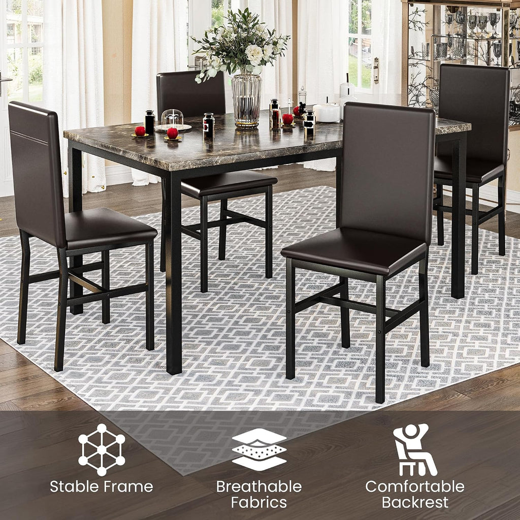 Lamerge Dining Table Set for 4, Faux Marble Table and 4 PU Leather Chairs, Kitchen Table and Chairs for 4, Modern Dining Room Table Sets for Small Spaces, Living Room, Breakfast Nook, (Coffee Color)