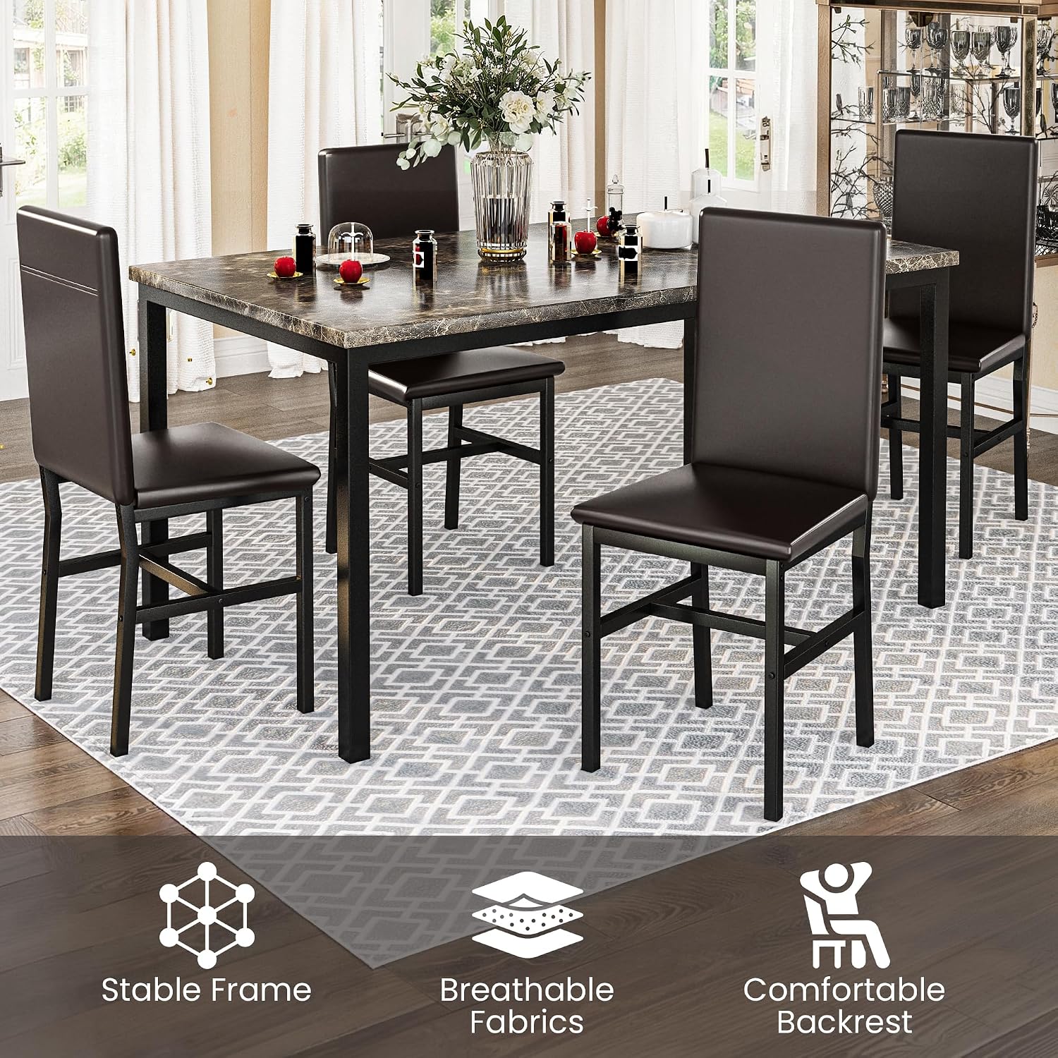 Lamerge Dining Table Set for 4, Faux Marble Table and 4 PU Leather Chairs, Kitchen Table and Chairs for 4, Modern Dining Room Table Sets for Small Spaces, Living Room, Breakfast Nook, (Coffee Color)
