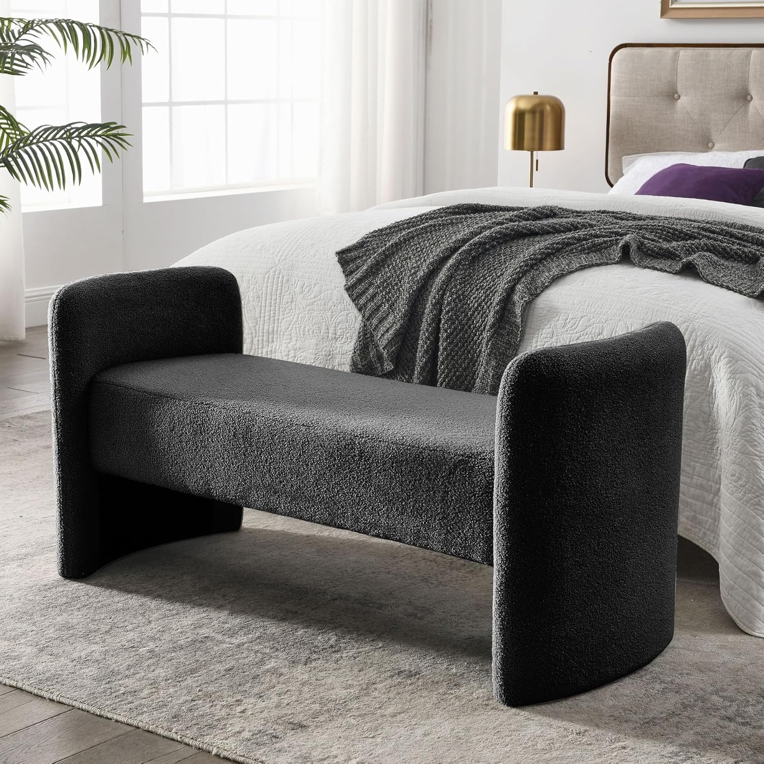 Teddy Ottoman Bench for Bedroom, 52" Upholstered End of Bed Bench for Living, Dining Room, Entryway and Hallway, Fireplace Bench, Easy Assembly (Black)