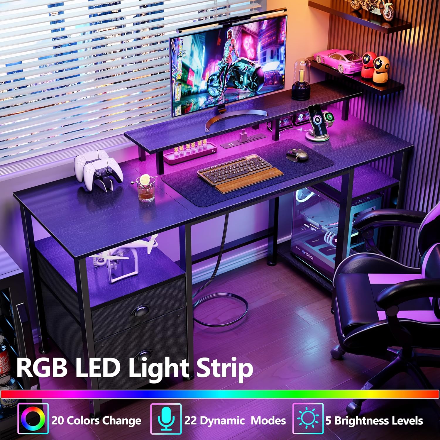 Furologee 51" Gaming Desk with Power Outlets & LED Lights, Reversible Computer Desk with File Cabinet & Monitor Stand for Home Office, Large Work Table with Storage Shelves & Drawer, Black