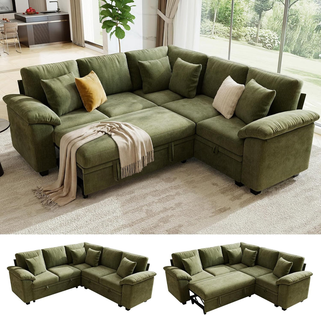 86" Modular Sectional Sleeper Sofa with Pull Out Bed, L Shaped 5 Seat Couch with 151L Storage, Convertible Cloud Couch Bed, Sectional Couches for Living Room, Apartment (Green)