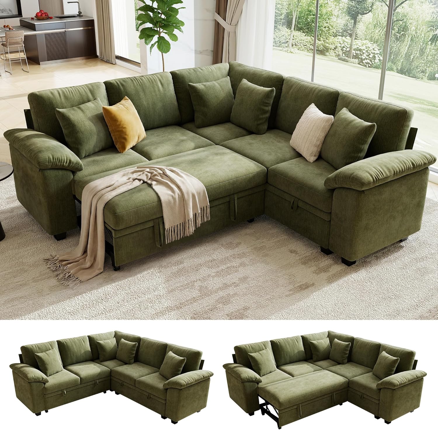 86" Modular Sectional Sleeper Sofa with Pull Out Bed, L Shaped 5 Seat Couch with 151L Storage, Convertible Cloud Couch Bed, Sectional Couches for Living Room, Apartment (Green)